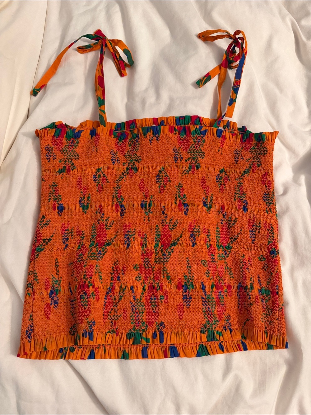 Tory Burch Orange Smocked Tie-Shoulder Camisole with Multicolor Accents